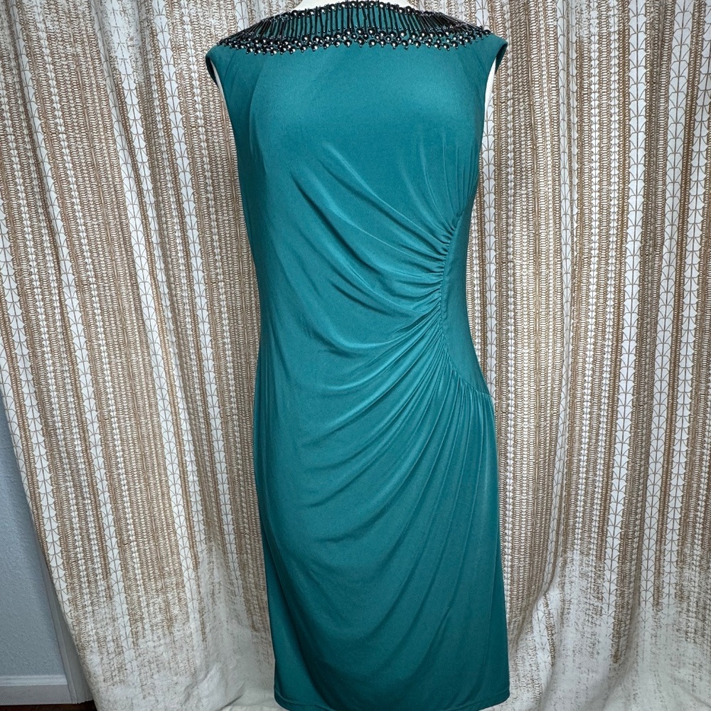 Adrianna Papell Teal Beaded Neckline Sheath Dress | Size 8 | Ruched Cocktail Dre